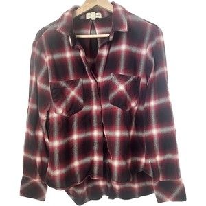 Cloth and Stone Blouse Womens Medium Red Plaid Button Split Back Buffalo Check